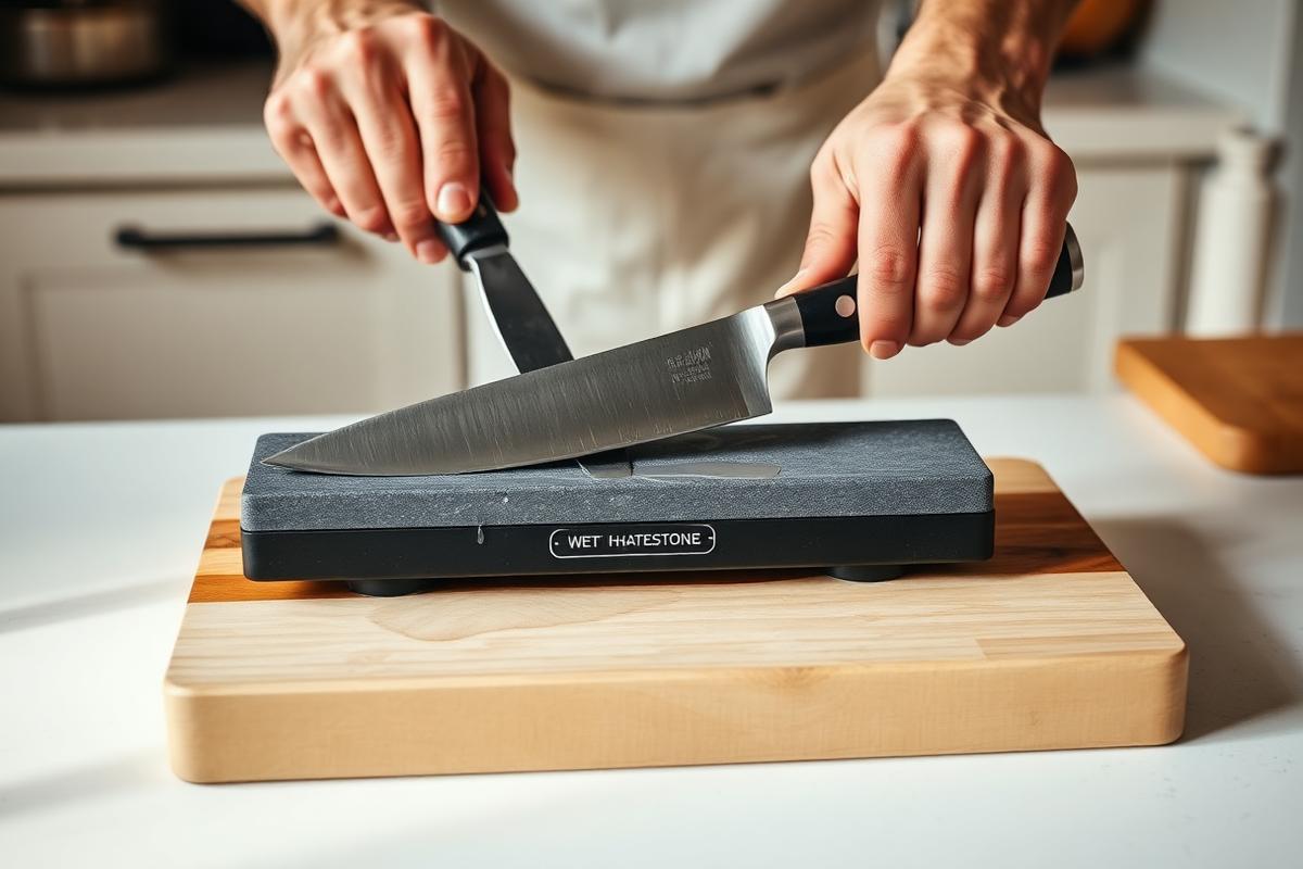 Aiguisage d'un couteau de cuisine sur une pierre à eau posée sur une planche