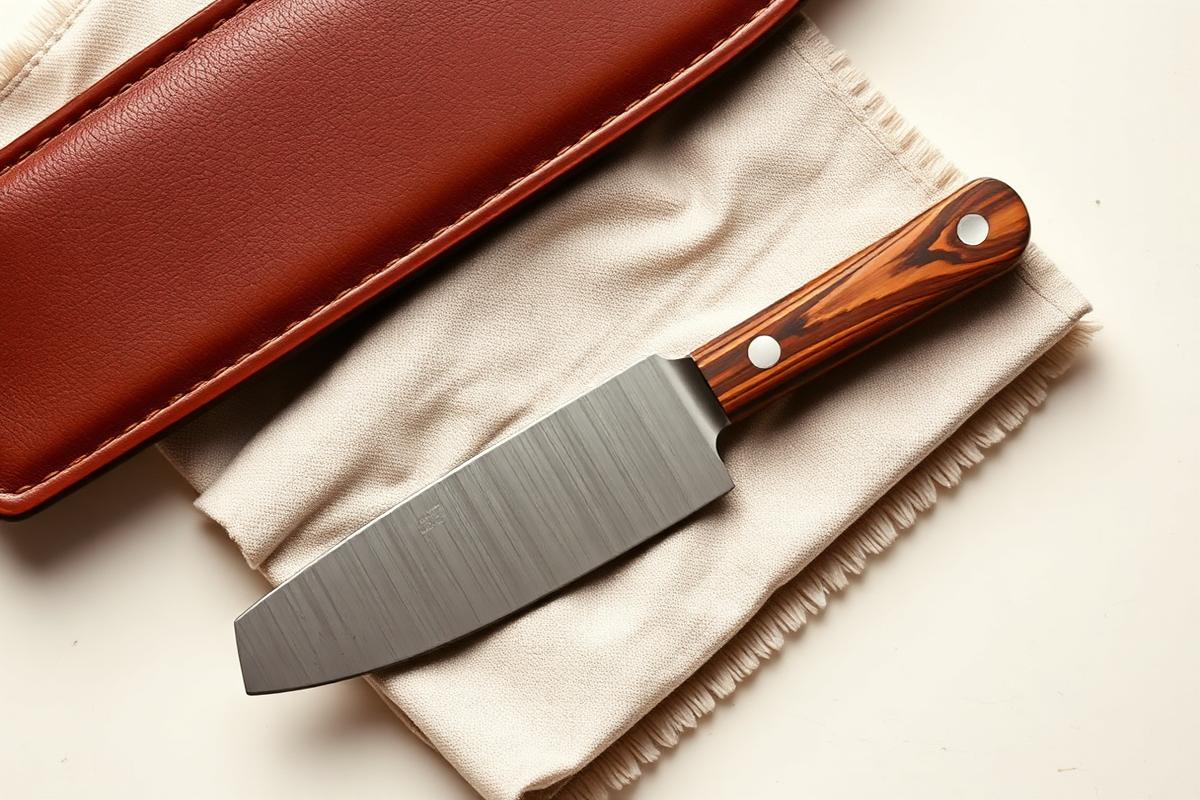 Couteau de cuisine à manche en bois posé près d'un étui en cuir